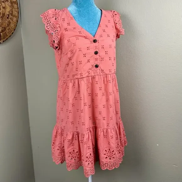 LOFT Ann Taylor Dress Women 2P Mini, Eyelet, Embroidered Peach Coral Lined - Picture 1 of 14